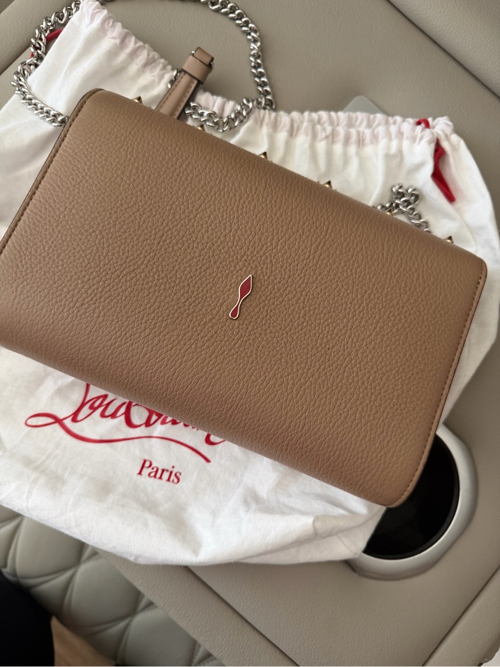 Christian Louboutin Taupe Pebbled Leather Studded Crossbody with Red Strap - Picture 4 of 7